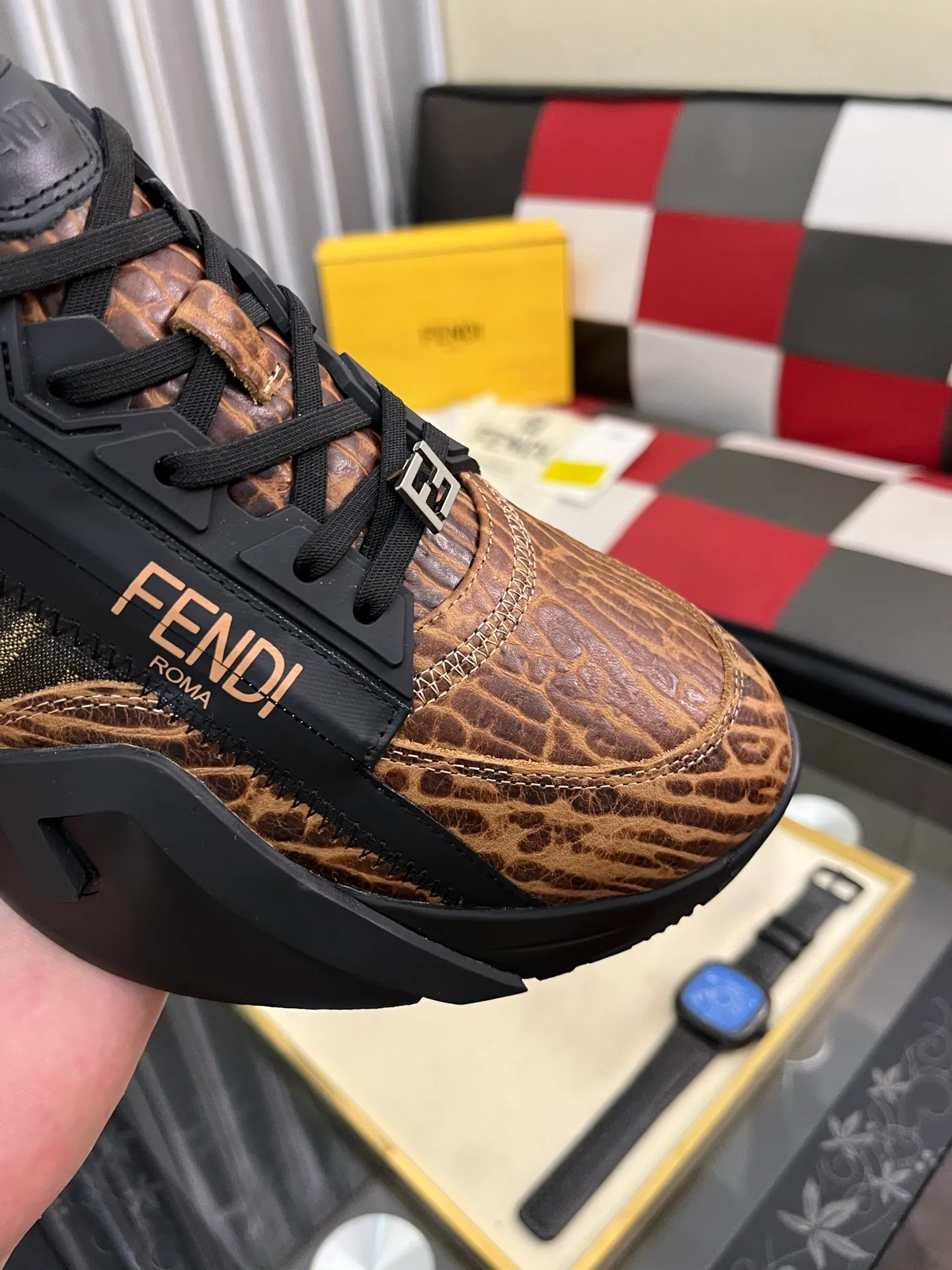 Men's shoes 💰620⌚️⌚️ FEND* — Fendi Flow men's casual sneakers, with elastic straps, side zippers, and corrugated soles engraved with F. Embossed Fendi Flow lettering on the heel. Made of technical fabric and a mix of blue and genuine leather. Decorated with Lycra® details. FF graphic tongue. Ultra-light and wear-resistant EVA sole. Code number: 38-44